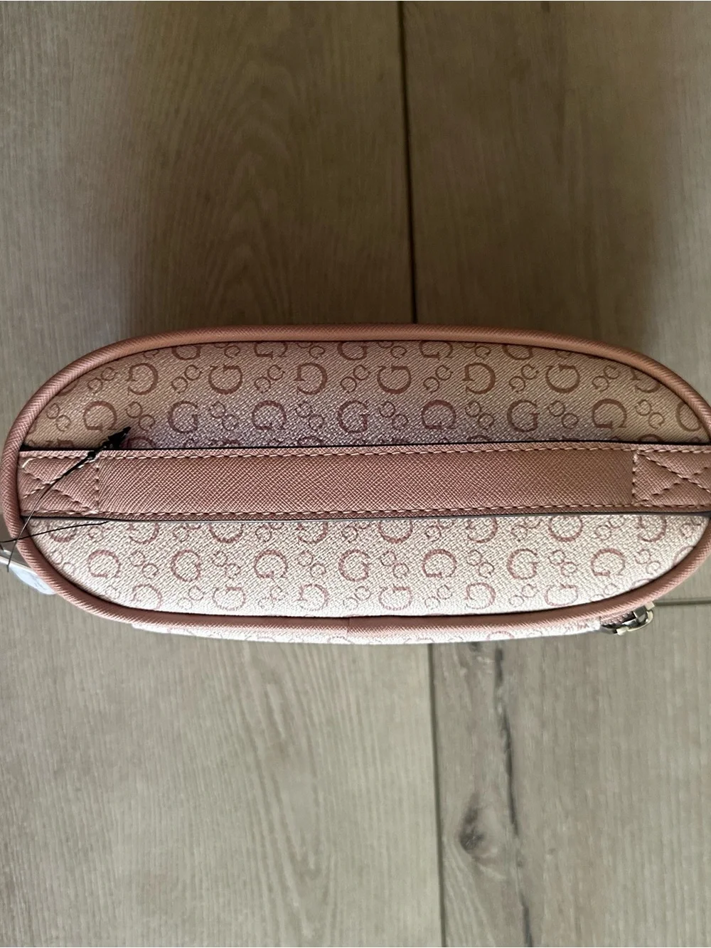 GUESS Blush Pink Logo Cosmetic Case with Gold Triangle Plaque